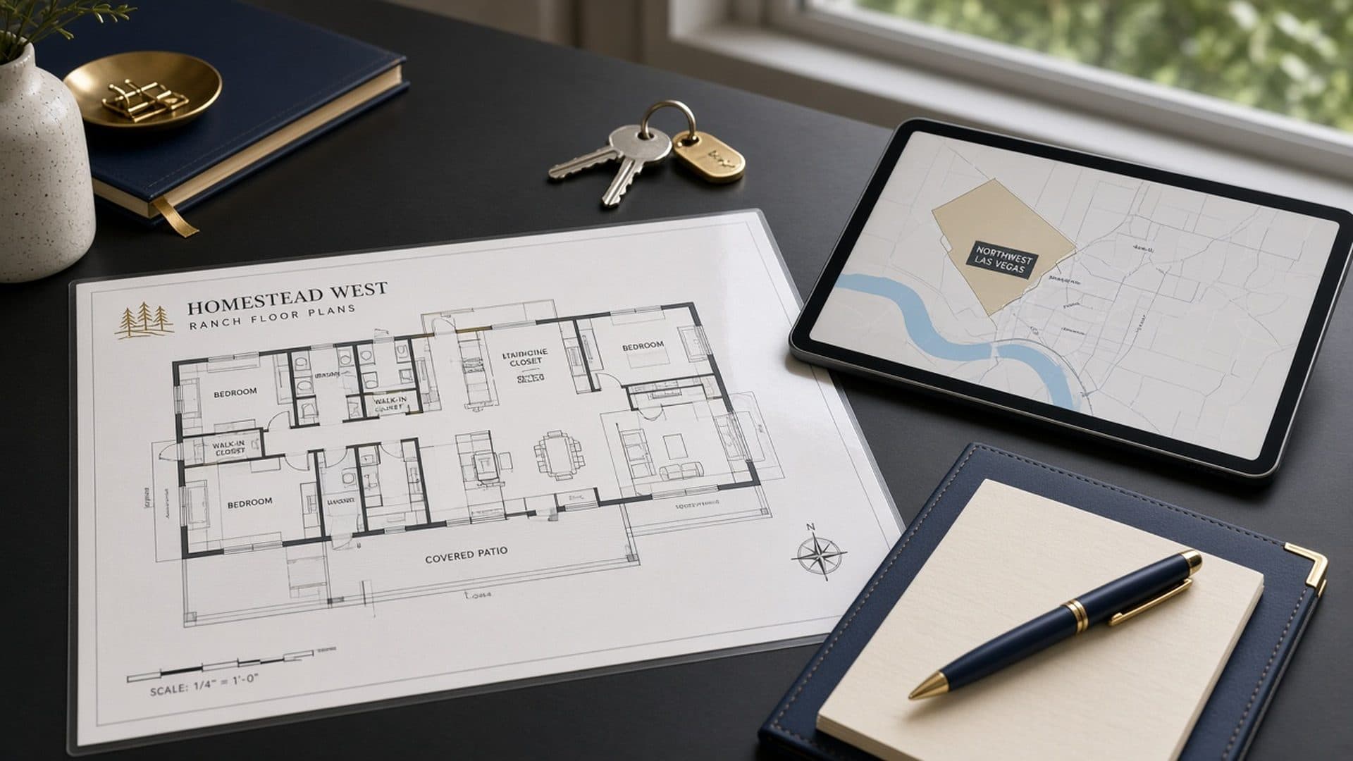 Ranch floor plans and lot map on a desk for Homestead West Las Vegas buyer questions — Frequently Asked Questions About Buying in Homestead West Las Vegas