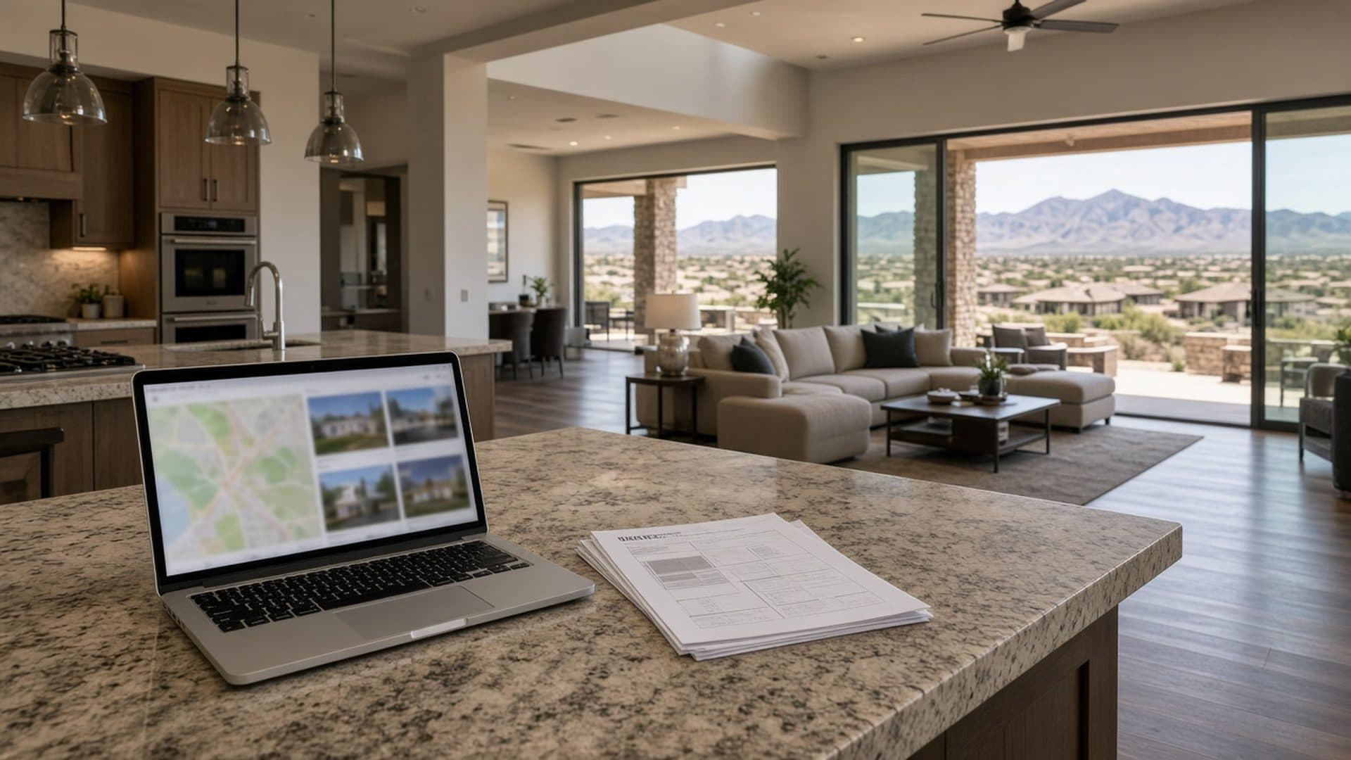 Laptop search for Homestead West MLS listings on a kitchen island in a Northwest Las Vegas ranch home — Filter new construction across Northwest Las Vegas