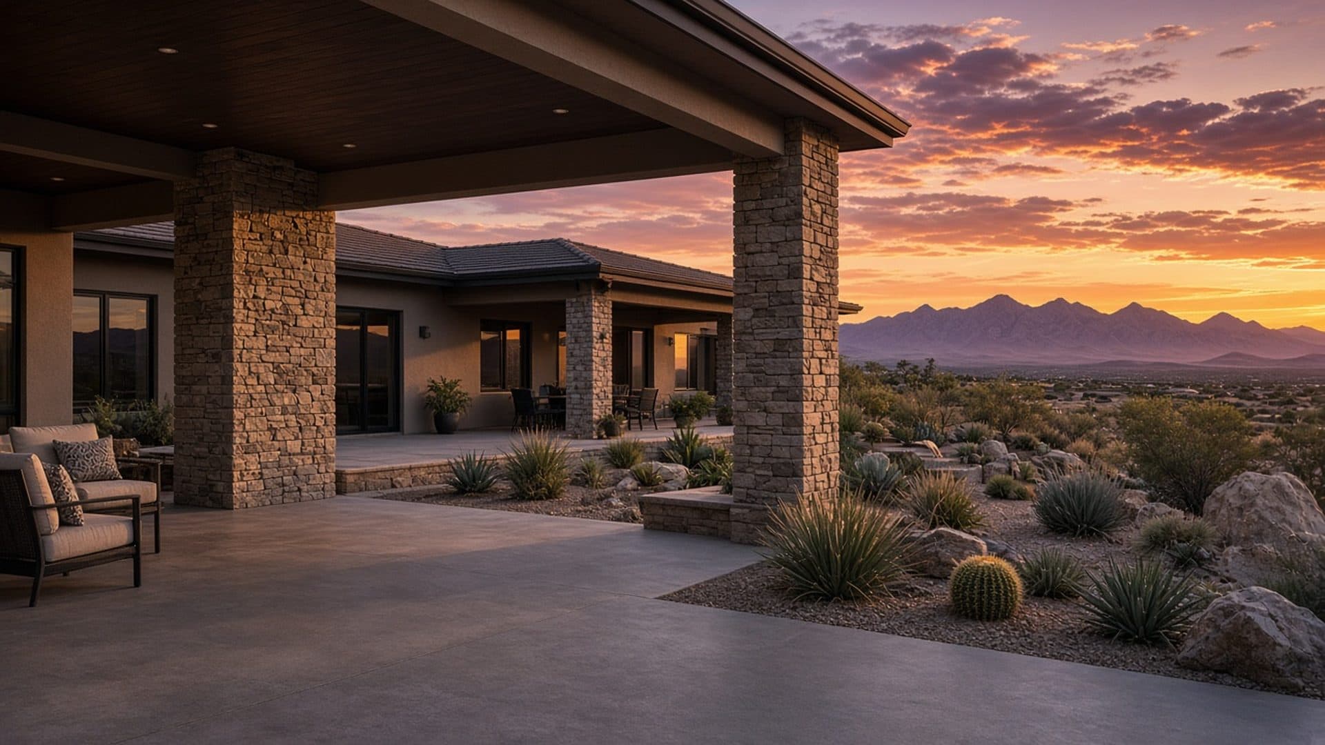Covered patio with mountain sunset views from a Homestead West ranch home in Las Vegas 89149 — The Community at a Glance